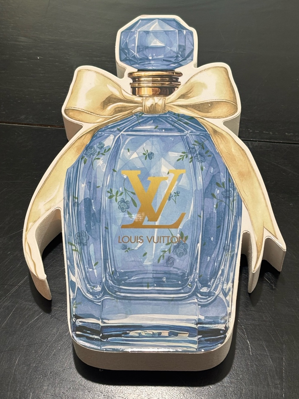 Wooden Shelf Decor Display Sign - Perfume Bottle with bow design Blue/Cream/Gold